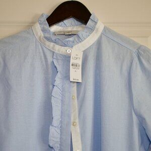 Loft Ruffled Blue & White Cotton Shirt